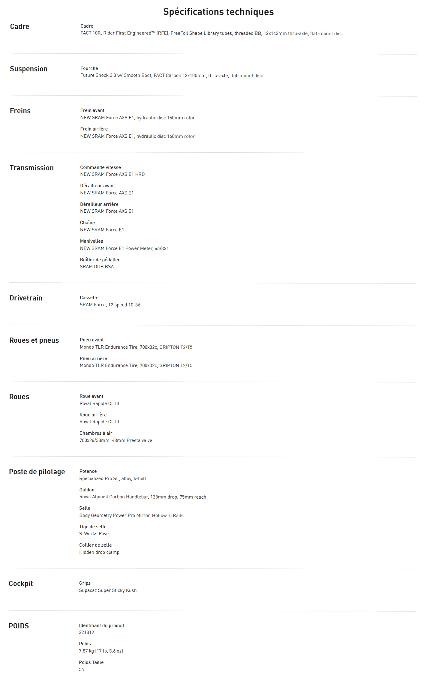 Caracteristique technique du Vélo Roubaix SL8 Pro année 2026